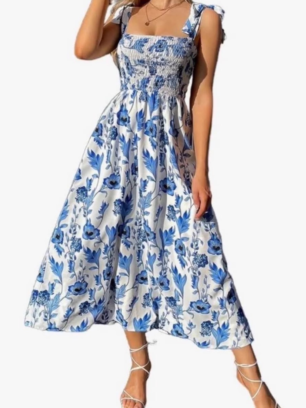White Midi Dress with Blue Floral Print & Smocked Bodice